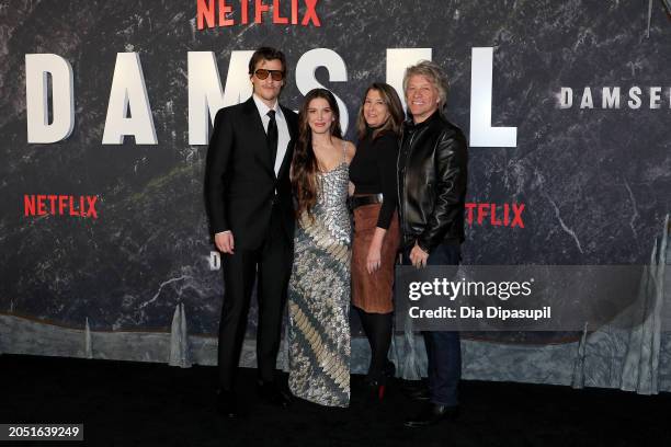 Jake Bongiovi, Millie Bobby Brown, Dorothea Hurley and Jon Bon Jovi attend Netflix's "Damsel" New York Premiere at Paris Theater on March 01, 2024 in...