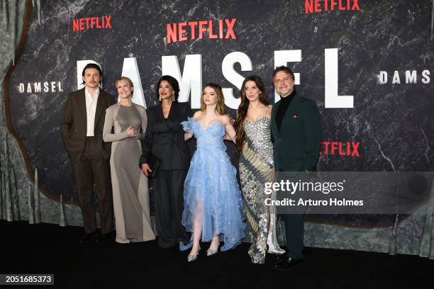 Nick Robinson, Robin Wright, Shohreh Aghdashloo, Brooke Carter, Millie Bobby Brown and Juan Carlos Fresnadillo attend the Netflix's "Damsel" New York...