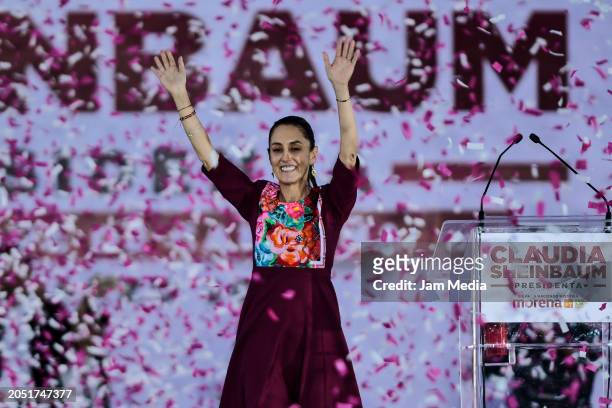 Claudia Sheinbaum salutes to supporters during her presidential campaign launch event at Zocalo Square on March 01, 2024 in Mexico City, Mexico....