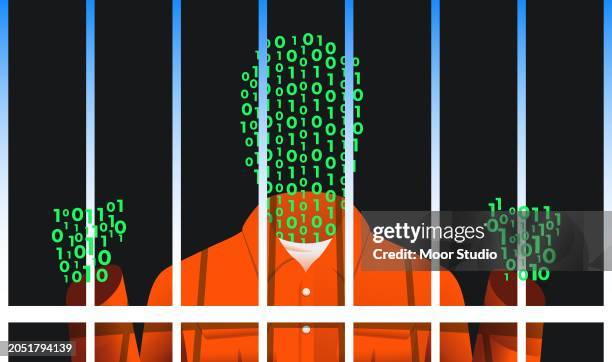 illustrations, cliparts, dessins animés et icônes de prisonnier numérique en illustration de code binaire - malfaiteur
