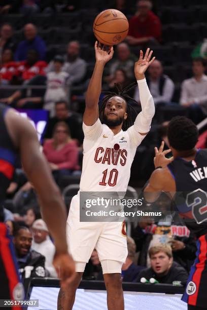 Darius Garland of the Cleveland Cavaliers takes a first half shot while playing the Detroit Pistons at Little Caesars Arena on March 01, 2024 in...