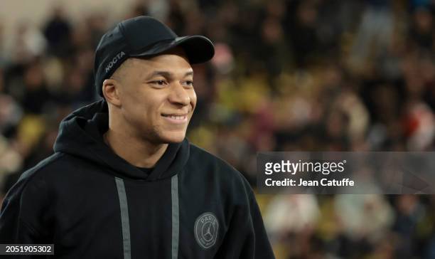 Kylian Mbappe of PSG looks on during the Ligue 1 Uber Eats match between AS Monaco and Paris Saint-Germain at Stade Louis II on March 1, 2024 in...