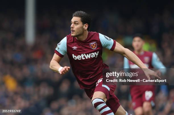 West Ham United's Konstantinos Mavropanos during the Premier League match between Everton FC and West Ham United at Goodison Park on March 2, 2024 in...