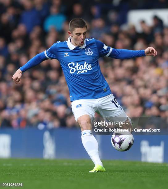 Everton's Vitaliy Mykolenko during the Premier League match between Everton FC and West Ham United at Goodison Park on March 2, 2024 in Liverpool,...