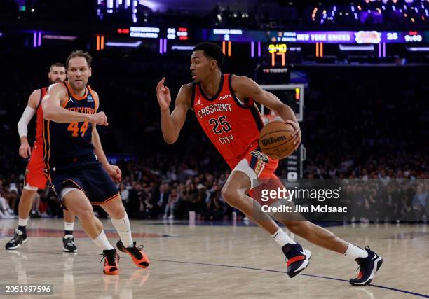 Trey Murphy III of the New Orleans Pelicans in action against the New York Knicks at Madison Square Garden on February 27, 2024 in New York City. The...