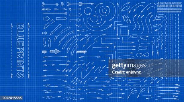 ilustraciones, imágenes clip art, dibujos animados e iconos de stock de flechas de boceto de plano en papel cuadriculado - cianotipo plano