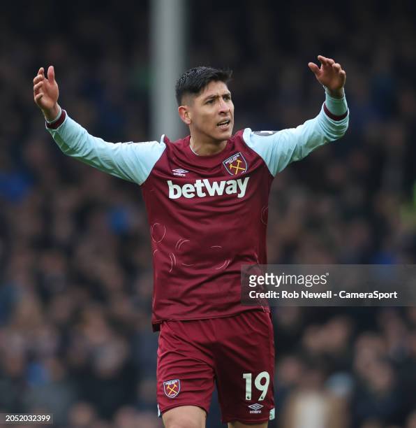 West Ham United's Edson Alvarez during the Premier League match between Everton FC and West Ham United at Goodison Park on March 2, 2024 in...