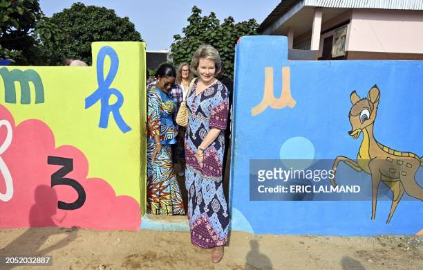Queen Mathilde of Belgium visits the Mamie Faitai preschool in Yopougon, Yop City, a suburb of Abidjan, Ivory Coast on Tuesday 05 March 2024. The...