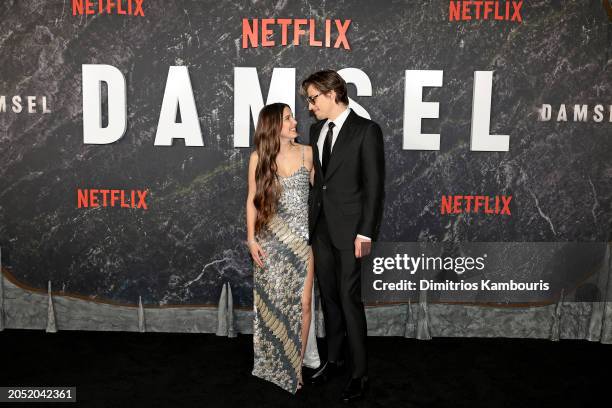 Millie Bobby Brown and Jake Bongiovi attend the Damsel World Premiere at The Plaza on March 01, 2024 in New York City.