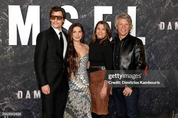 Jake Bongiovi, Millie Bobby Brown, Dorothea Hurley, and Jon Bon Jovi attend the Damsel World Premiere at The Plaza on March 01, 2024 in New York City.