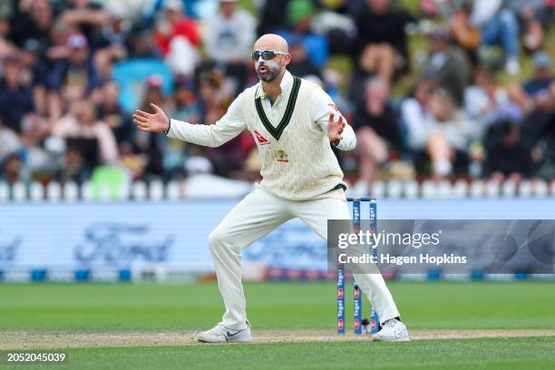 Nathan Lyon of Australia reacts during day three of the First Test in the series between New Zealand and Australia at Basin Reserve on March 02, 2024...