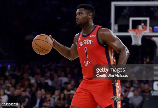 Zion Williamson of the New Orleans Pelicans in action against the New York Knicks at Madison Square Garden on February 27, 2024 in New York City. The...
