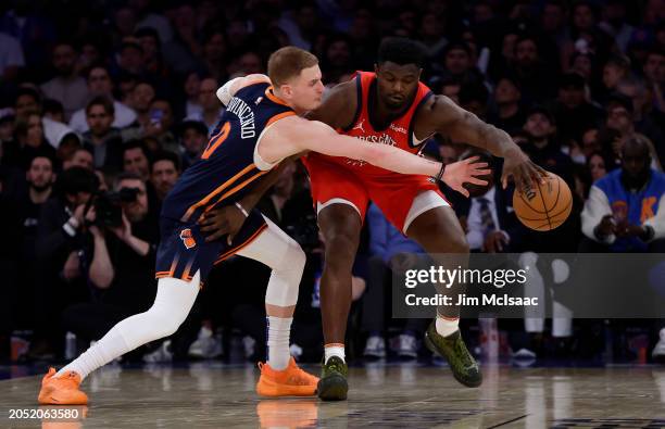 Zion Williamson of the New Orleans Pelicans in action against Donte DiVincenzo of the New York Knicks at Madison Square Garden on February 27, 2024...