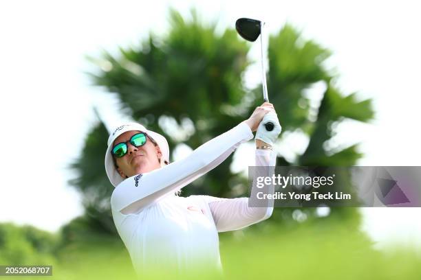 Madelene Sagstrom of Sweden plays her shot from the fifth tee during Day Three of the HSBC Women's World Championship at Sentosa Golf Club on March...