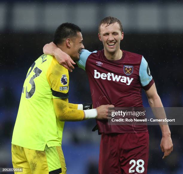 West Ham United's Alphonse Areola and Tomas Soucek celebrate at the end of the match during the Premier League match between Everton FC and West Ham...