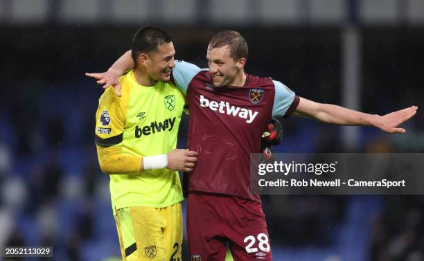 West Ham United's Alphonse Areola and Tomas Soucek celebrate at the end of the match during the Premier League match between Everton FC and West Ham...