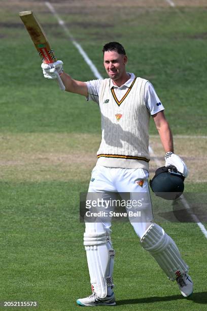 Beau Webster of the Tigers celebrates scoring a century during the Sheffield Shield match between Tasmania and Victoria at Blundstone Arena, on March...