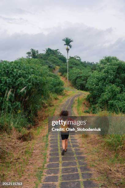 woman walking in campuhan ridge walk in ubud - campuhan ridge walk stockfoto's en -beelden