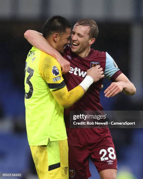 West Ham United's Alphonse Areola and Tomas Soucek celebrate at the end of the match during the Premier League match between Everton FC and West Ham...