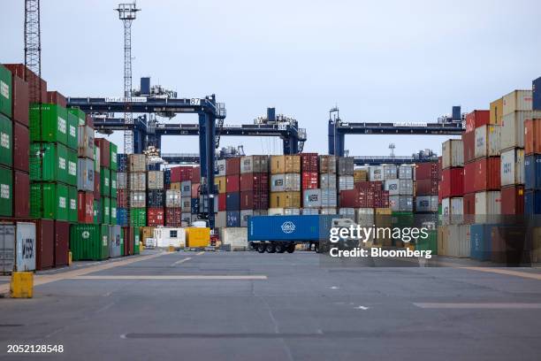 Shipping container lorry on the dockside at the Port of Felixstowe, owned by a unit of CK Hutchison Holdings Ltd., in Felixstowe, UK, on Monday,...