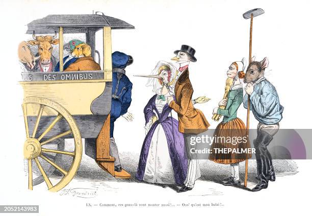 how are these people going to climb too?: hand-colored lithograph les métamorphoses du jour of grandville animal fables 1869 - amphibian bus stock illustrations