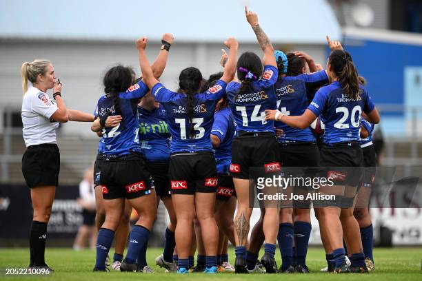 The Blues celebrate after winning the round one Super Rugby Aupiki match between Matatu and Blues at Invercargill Rugby Park on March 02, 2024 in...
