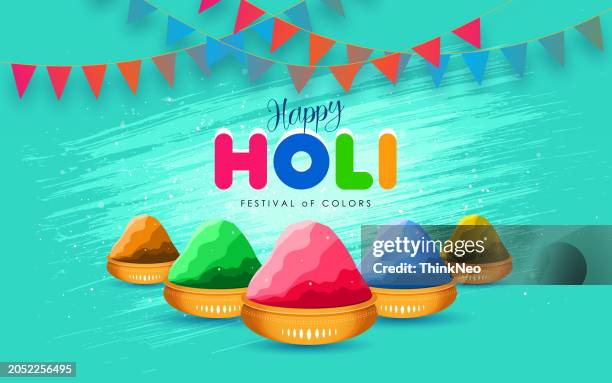 vector illustration of colorful happy holi. colors in different bowl - holi vector stock illustrations