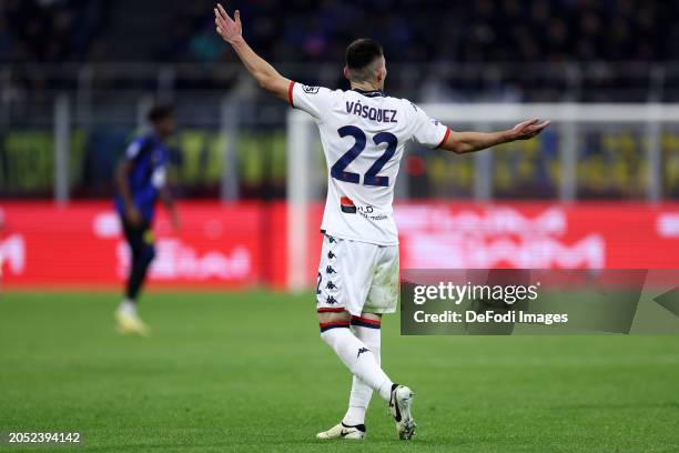 Johan Vasquez of Genoa CFC gestures during the Serie A TIM match between FC Internazionale and Genoa CFC at Stadio Giuseppe Meazza on March 4, 2024...