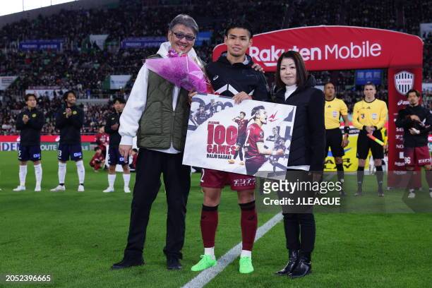Daiju SASAKI of Vissel Kobe pose for photographs to celebrate marking his 100th appearance of J.League match prior to during the J.LEAGUE MEIJI...