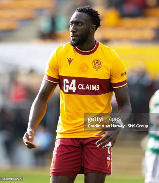 Bevis Mugabi in action for Motherwell during a cinch Premiership match between Motherwell and Celtic at Fir Park, on February 25 in Motherwell,...