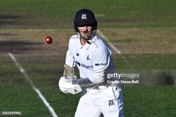 Nic Maddinson of the Bushrangers bats during the Sheffield Shield match between Tasmania and Victoria at Blundstone Arena, on March 02 in Hobart,...