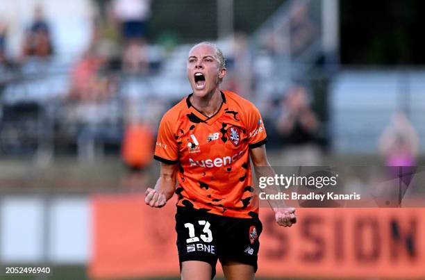 Tameka Yallop of the Roar celebrates after scoring a goal during the A-League Women round 18 match between Brisbane Roar and Melbourne City at Perry...