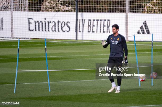 Thibaut Courtois of Real Madrid during the Training Session And Press Conference of Real Madrid at Valdebebas training ground on March 5, 2024 in...