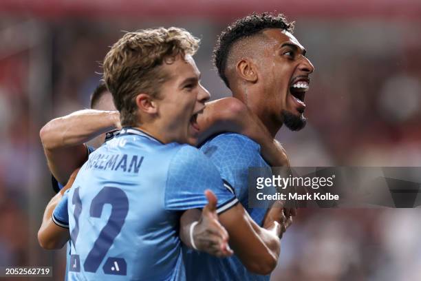 Fábio Gomes of Sydney FC celebrates with his team after scoring a goal during the A-League Men round 19 match between Western Sydney Wanderers and...