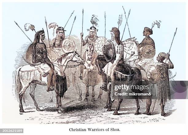 old engraved illustration of christian warriors of shoa or chewa, the feudal noble warrior class of imperial ethiopia - fashionable stock illustrations stock pictures, royalty-free photos & images