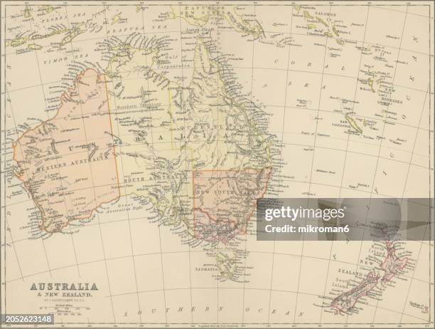 old chromolithograph map of australia continent - traditionally australian stock pictures, royalty-free photos & images