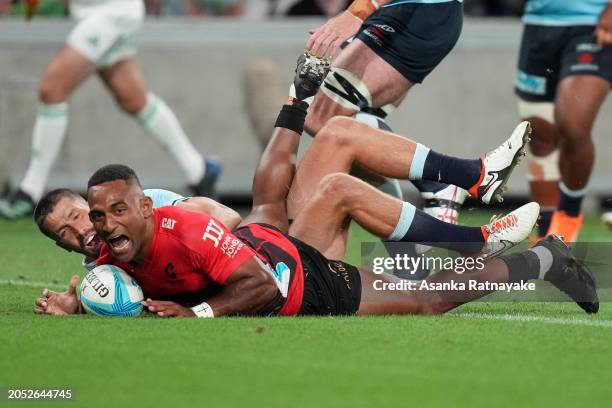 Sevu Reece of the Crusaders scores a try during the round two Super Rugby Pacific match between Crusaders and NSW Waratahs at AAMI Park, on March 02...