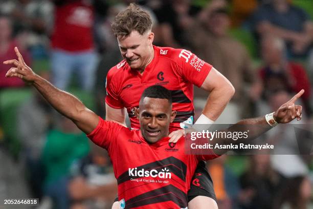 Sevu Reece of the Crusaders reacts after scoring a try during the round two Super Rugby Pacific match between Crusaders and NSW Waratahs at AAMI...