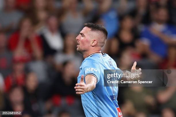 Robert Mak of Sydney FC celebrates scoring a goal during the A-League Men round 19 match between Western Sydney Wanderers and Sydney FC at CommBank...