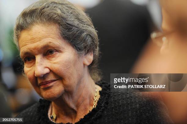 Simone Veil, French lawyer and politician and former President of the European Parliament, is pictured after she was given the Heinrich Heine Prize...