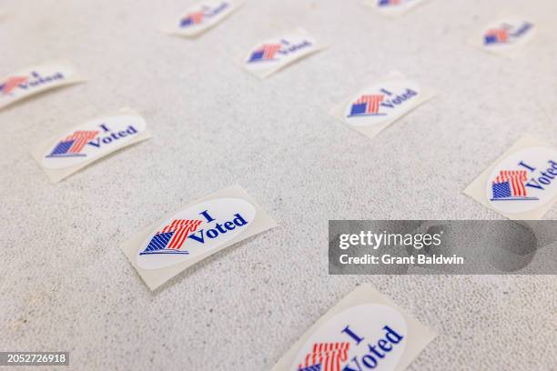 Voted" stickers for voters after casting their ballot on Super Tuesday at Mt. Moriah Primitive Baptist Church, Precinct 11 Mecklenburg County, on...
