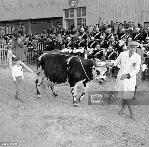 Un officiel présente, sous le regard de la Garde Républicaine, le 04 Mars 1959 "La Havraise n. 02" élue la meilleure vache laitière, pendant le Salon...