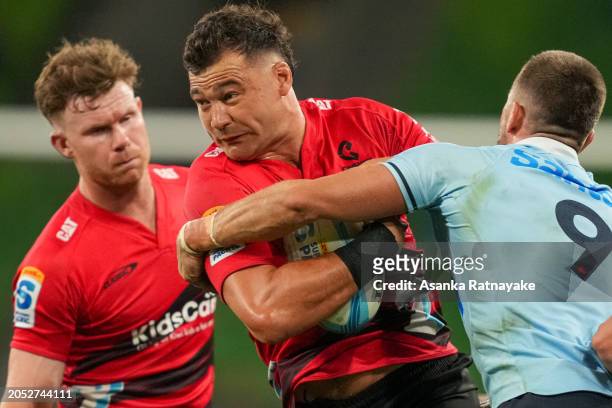 David Havili of the Crusaders runs with the ball during the round two Super Rugby Pacific match between Crusaders and NSW Waratahs at AAMI Park, on...