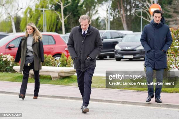 Beltran Gomez-Acebo, Rafa Medina and Laura Vecino at the funeral chapel of Fernando Gomez-Acebo, at the Tanatorio Parcesa La Paz, on March 2 in...