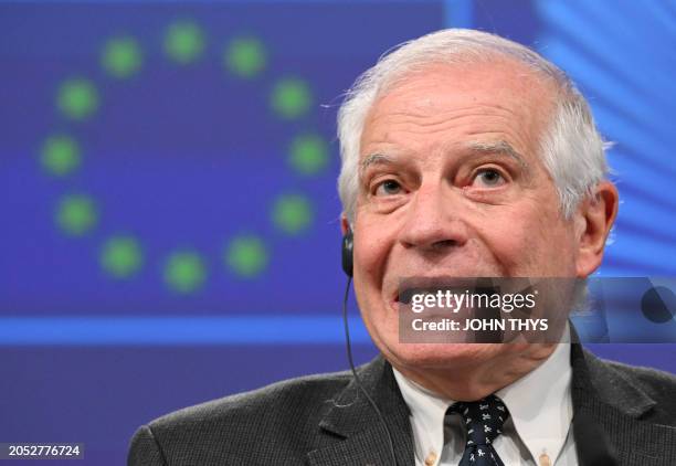 High Representative of the European Union for Foreign Affairs and Security Policy, Josep Borrell talks during a press conference after the college...
