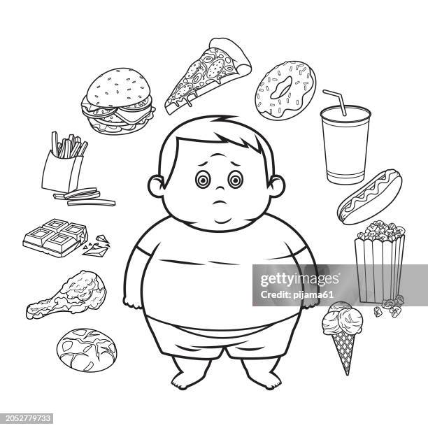 unhappy little fat boy. diet failure. stop obesity. - fat guy eating donuts stock illustrations