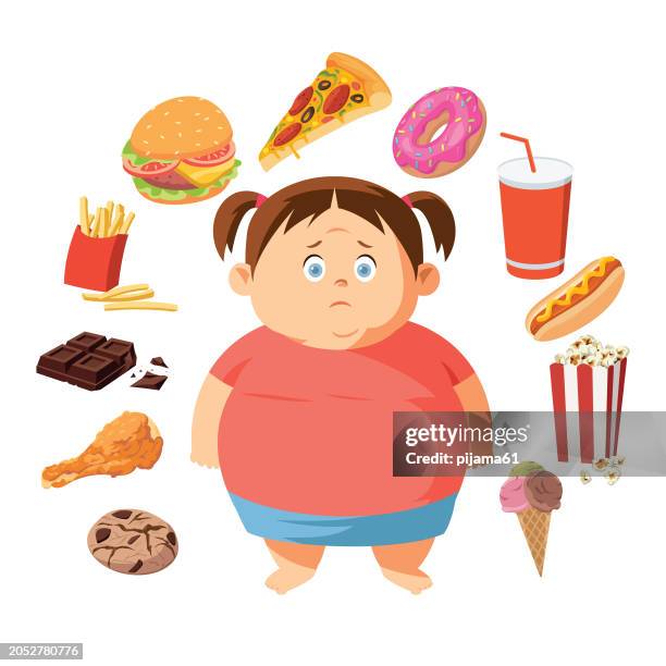 ilustraciones, imágenes clip art, dibujos animados e iconos de stock de infeliz niña gorda. fracaso de la dieta. detén la obesidad. - fat female cartoon characters