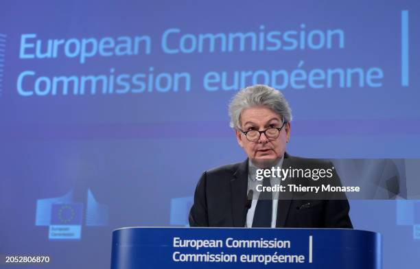 Commissioner for Internal Market Thierry Breton is talking to media in the Berlaymont, the EU Commission headquarter on March 5, 2024 in Brussels,...