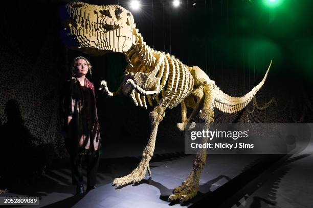 Six metre long lego brick sculpture of a Tyrannosaurus Rex skeleton is seen at the press preview ahead of the opening of "Art Of The Brick"...