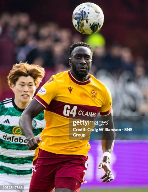 Motherwell's Bevis Mugabi in action during a cinch Premiership match between Motherwell and Celtic at Fir Park, on February 25 in Motherwell,...